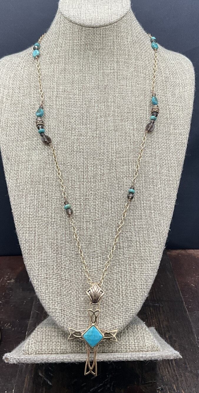 Barse Deco Cross Enhancer Necklace- Turquoise & Smoky Quartz- Bronze- NWT